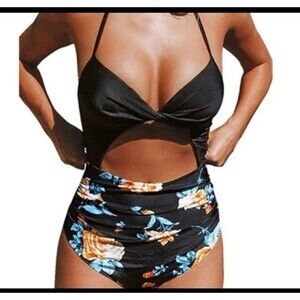 Cupshe NWT One Piece High waisted Cruise Bathing Suit Black & Floral L Cut-outs